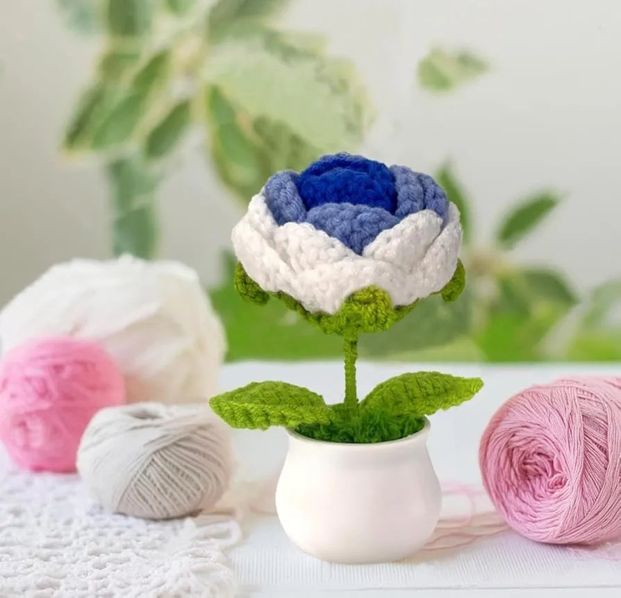 Handmade Crochet Flower Pot Blue Rose Shaded 1 PC Artificial Flower Knitted Flower