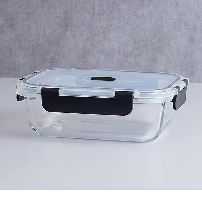 Femora Borosilicate Rectangle Microwave Oven Safe Glass Container With Dectahable & Break Free Lid | Black Color | 400 Ml