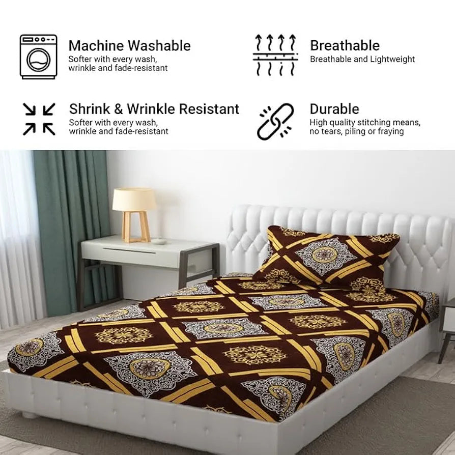 Fresh From Loom Single Bedsheet for Single Bed Floral Design Bed Spread with 1 Pillow Covers 144 TC Dark Brown