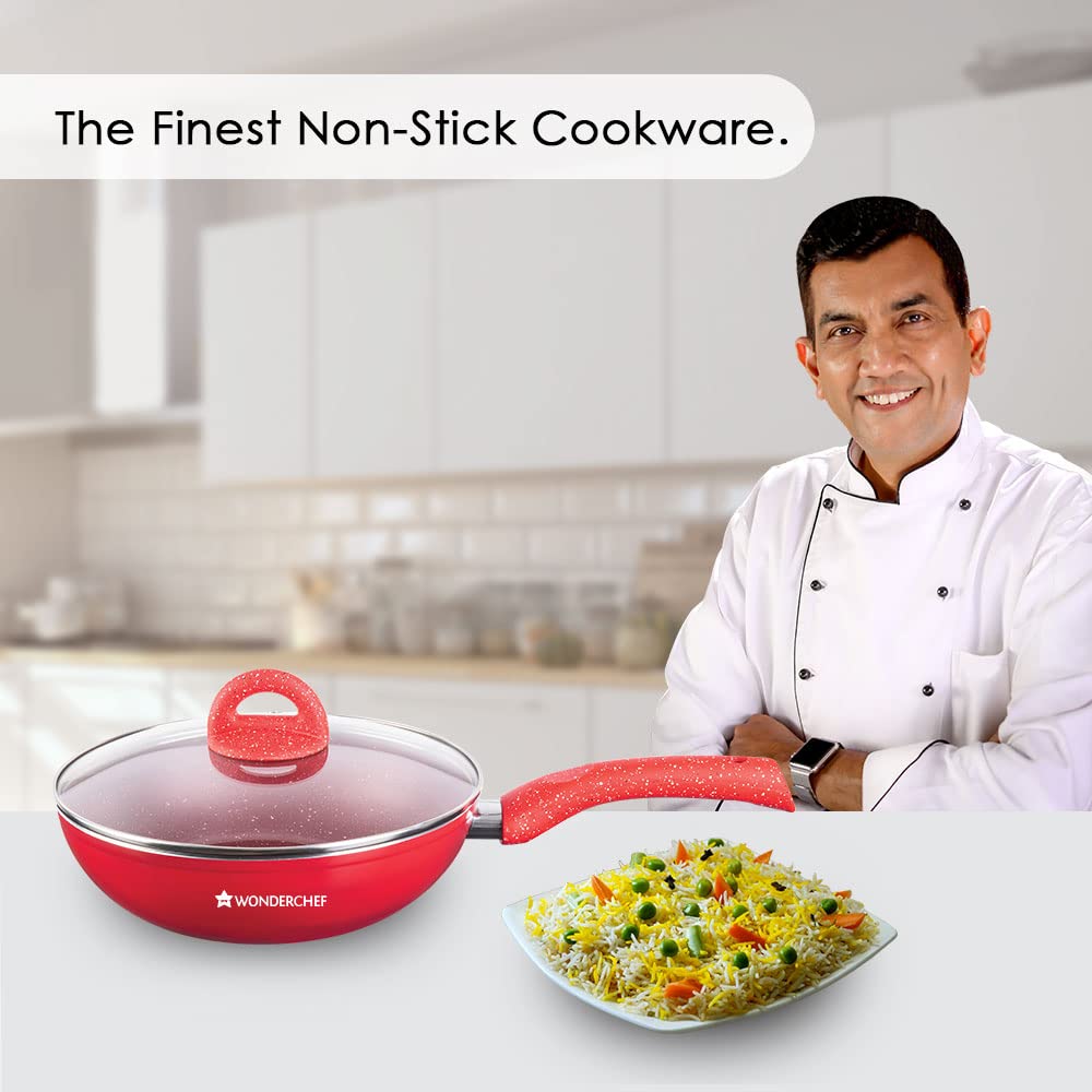 Wonderchef Granite Aluminium Non-Stick Wok with Glass Lid - 24cm