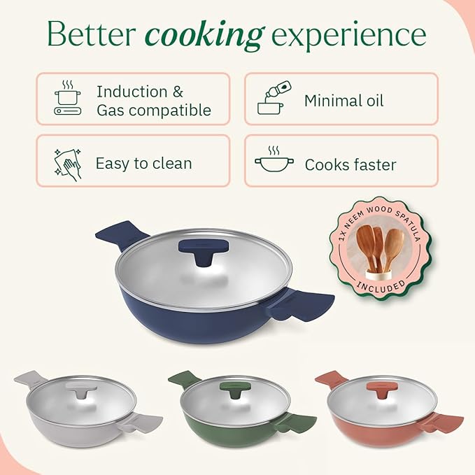 Ember Cookware Arcilla Ceramic Non Stick Kadai 24cm | Glass Lid | Matching Handles | Florence Series | Blue