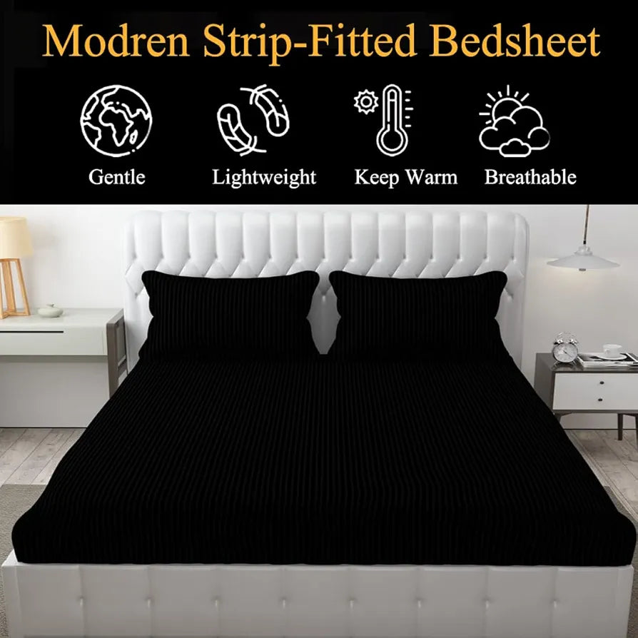 Fresh From Loom Satin Striped Soft Fitted Bedsheet King Size Bed with Two Pillow Cover Elastic 240 TC Black