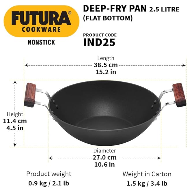 Hawkins Futura 2.5 Litre Deep Fry Pan Non Stick Kadai Flat Bottom Induction Kadhai