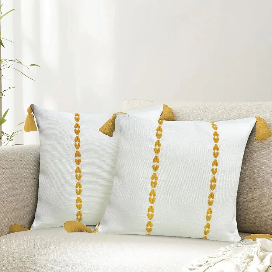 Urban Space Embroidered Cotton Cushion Cover Set of 2 Cushion Covers for Sofa, Bedroom, Living Room Vintage Braid Yellow