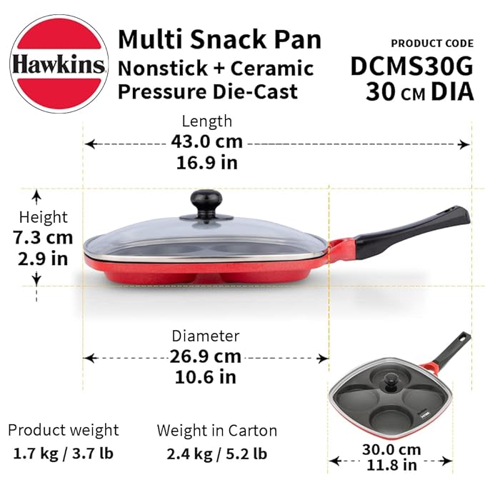 Hawkins 30 cm Die-Cast Multi Snack Pan with Glass Lid Nonstick Mini Uttapam Tawa
