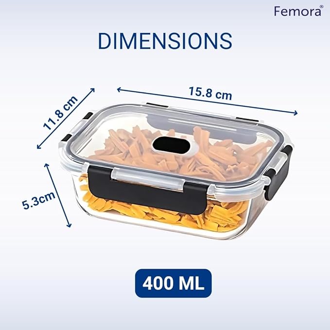 Femora Borosilicate Rectangle Microwave Oven Safe Glass Container With Dectahable & Break Free Lid | Black Color | 400 Ml