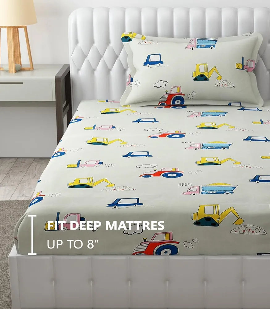 Fresh From Loom Glace Cotton 300 tc Elastic Fitted Bed Sheet With 1 Pillow Cover Cartoon Printed Cream Smallsingle