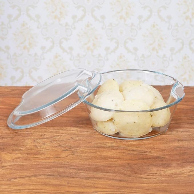 Femora Borosilicate Serving Bowl | Glass Casserole Set, Glass Bowl With Lid, Microwave Safe Bowl Set | 1000 Ml