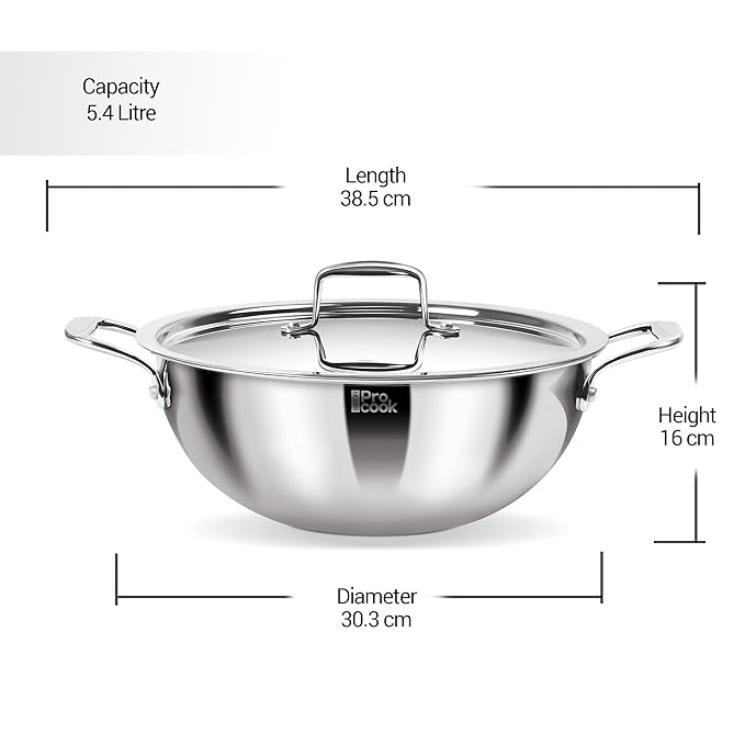 Milton Pro Cook Triply Deep Stainless Steel 28 Cm Kadai With Lid, 5.5 Litres - 2664 gms