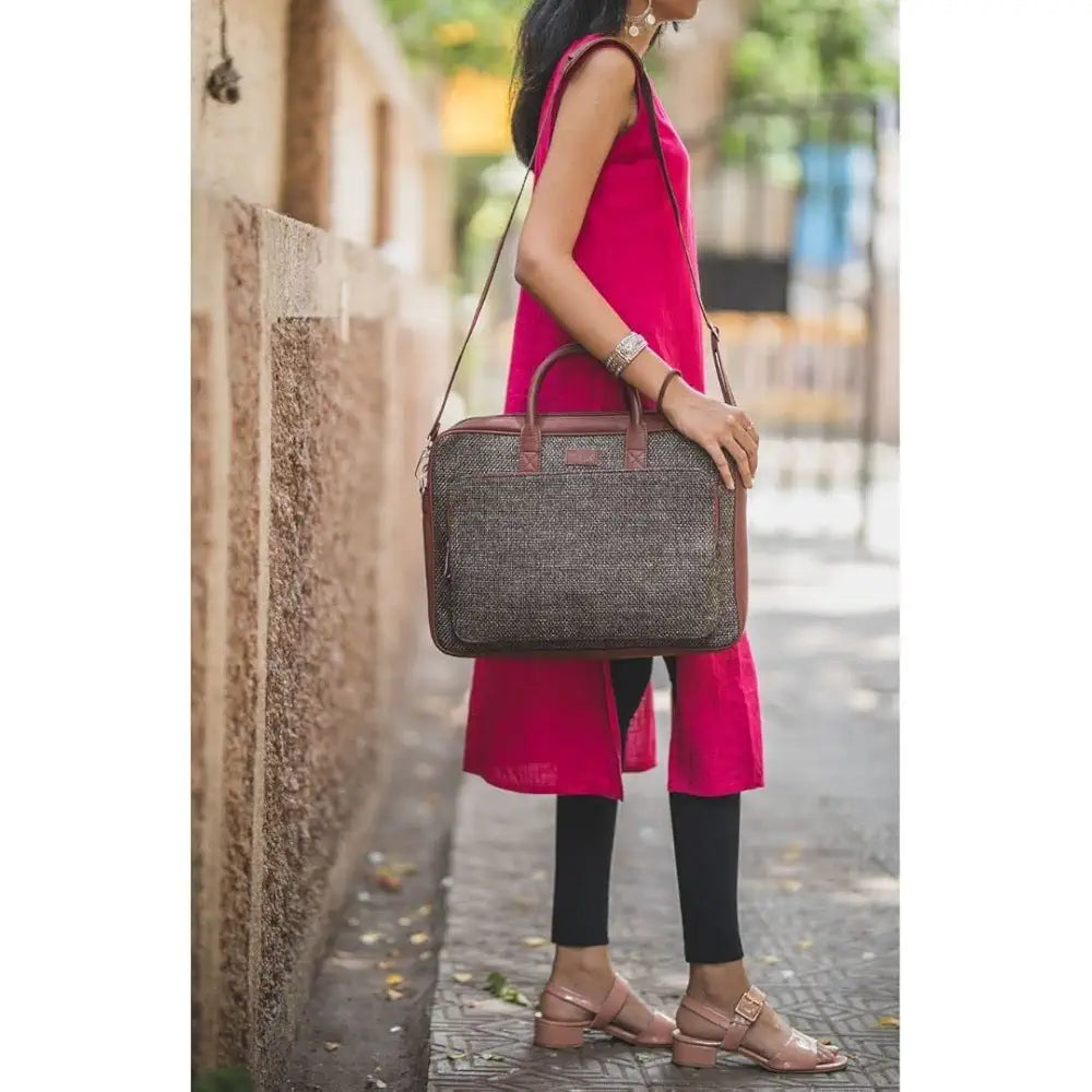 Zouk Laptop Bag for Women Ideal Jute & Vegan Leather Office Bags for Ladies