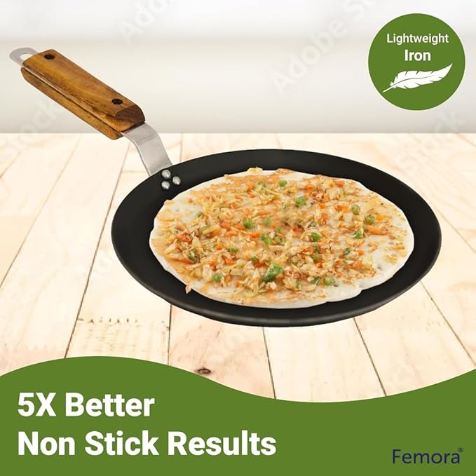 Femora Iron Concave Tawa 12 Inch | 30 Cm | Tava for Roti With Strong Wooden Handle Black | Gas Stovetop Compatible