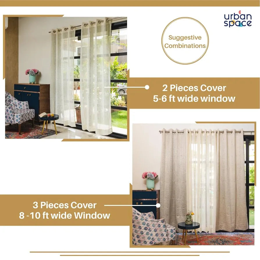Urban Space Linen Textured Metallic Gold Foil Sheer Curtains for Door Room Darkening, Set of 2 Decorative Curtains with Tieback and Eyelets Sheer Sparkle Butter Cream Colour