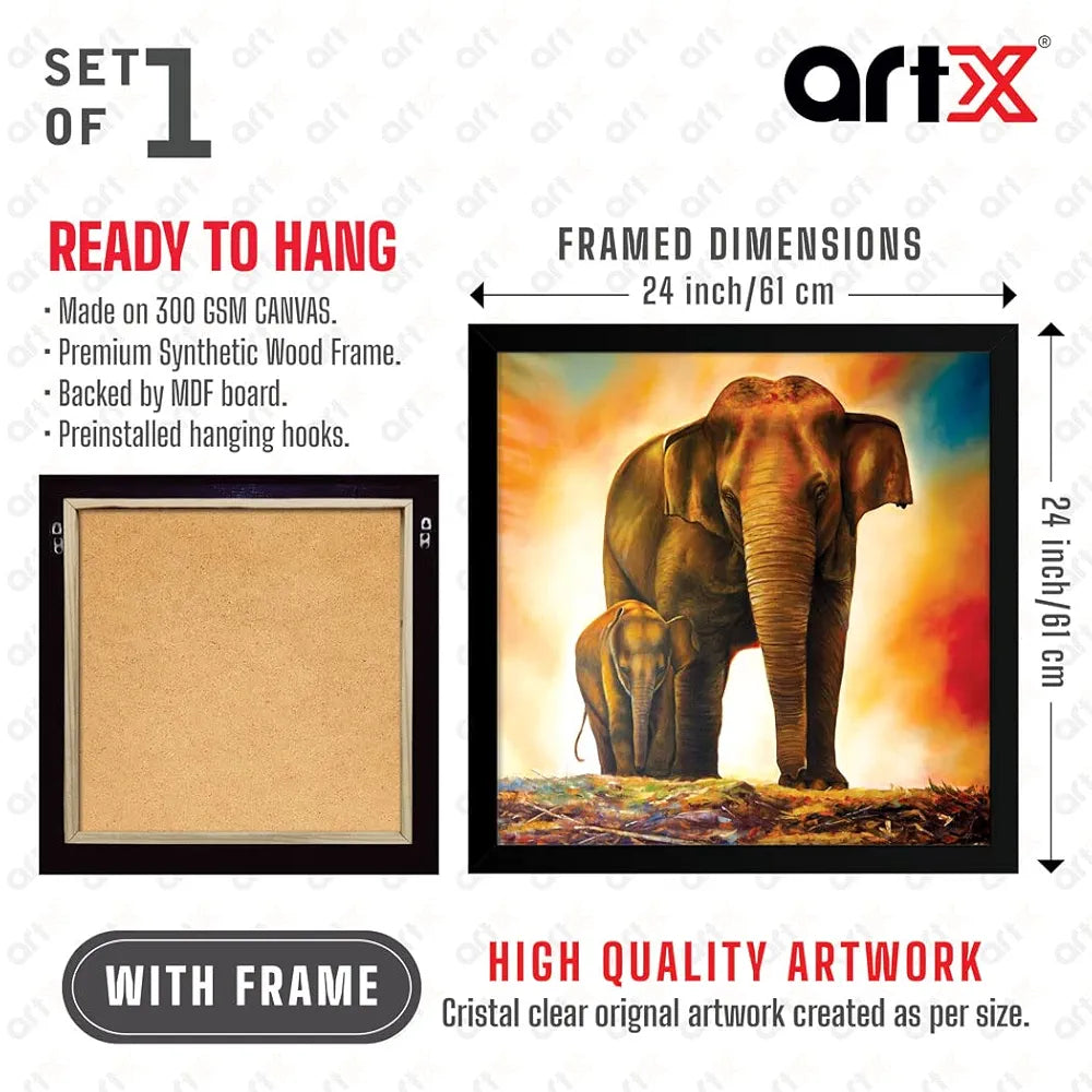 ArtX Elephant and Baby Abstract Big Canvas Painting For Bedroom With Frame
