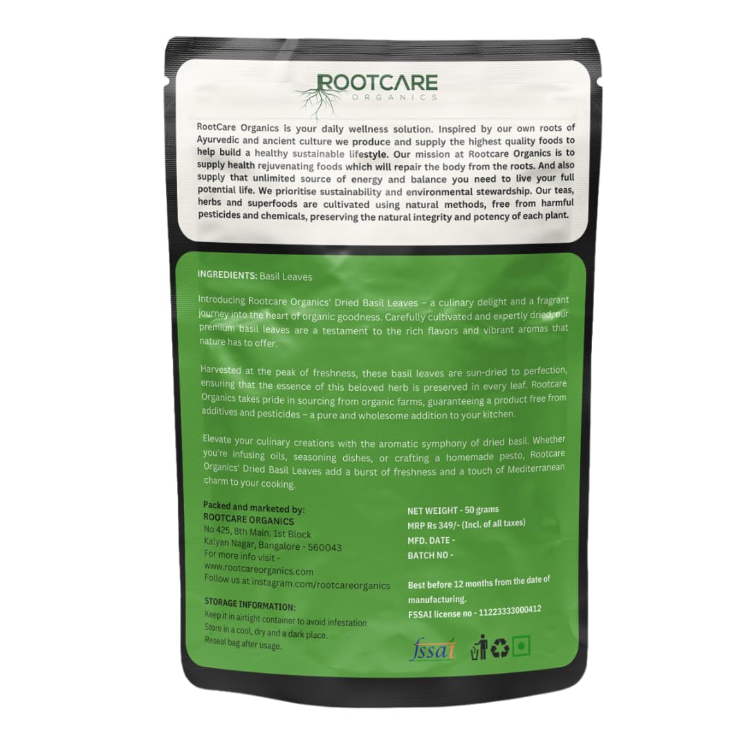Rootcare Organics Dried Basil Leaves - 50 gms