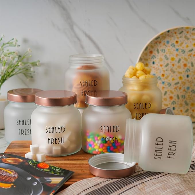 Femora Kitchen Storage Jars Frosted Glass Jar With Steel Lid Air Tight Jar | 700 Ml | Pack of 2 | Golden Lid