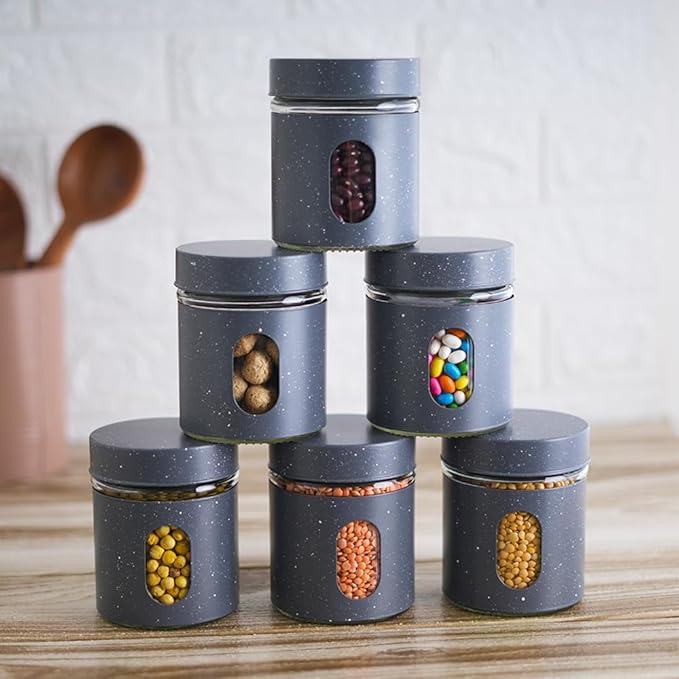 Femora Carbon Steel Jar for Kitchen Storage With Clear Glass Window and Carbon Steel Lid | 300 Ml | 6 Pieces Set | Blue- Green