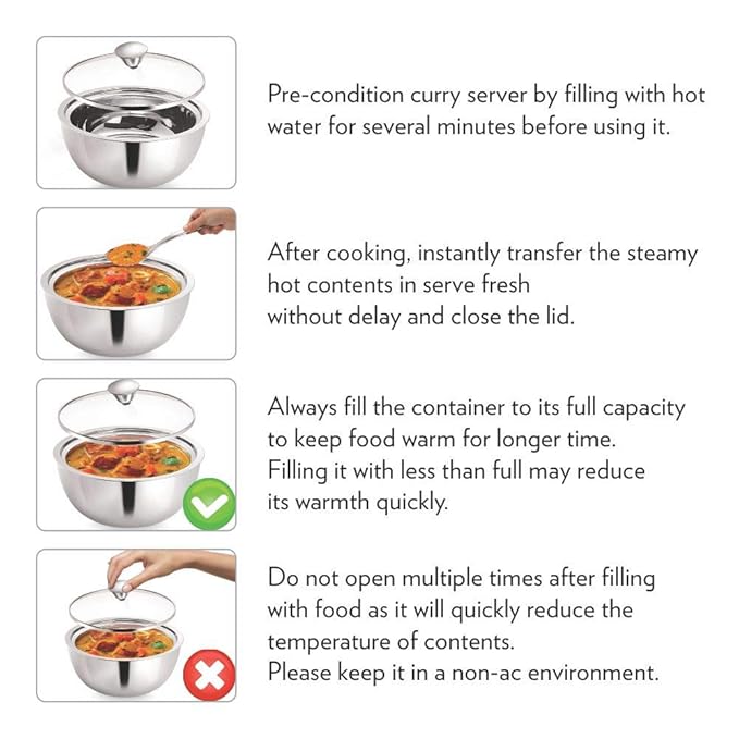 Borosil Stainless Steel Curry Server | Silver | 500ml, 900ml, 1.5l | 3 Piece Set