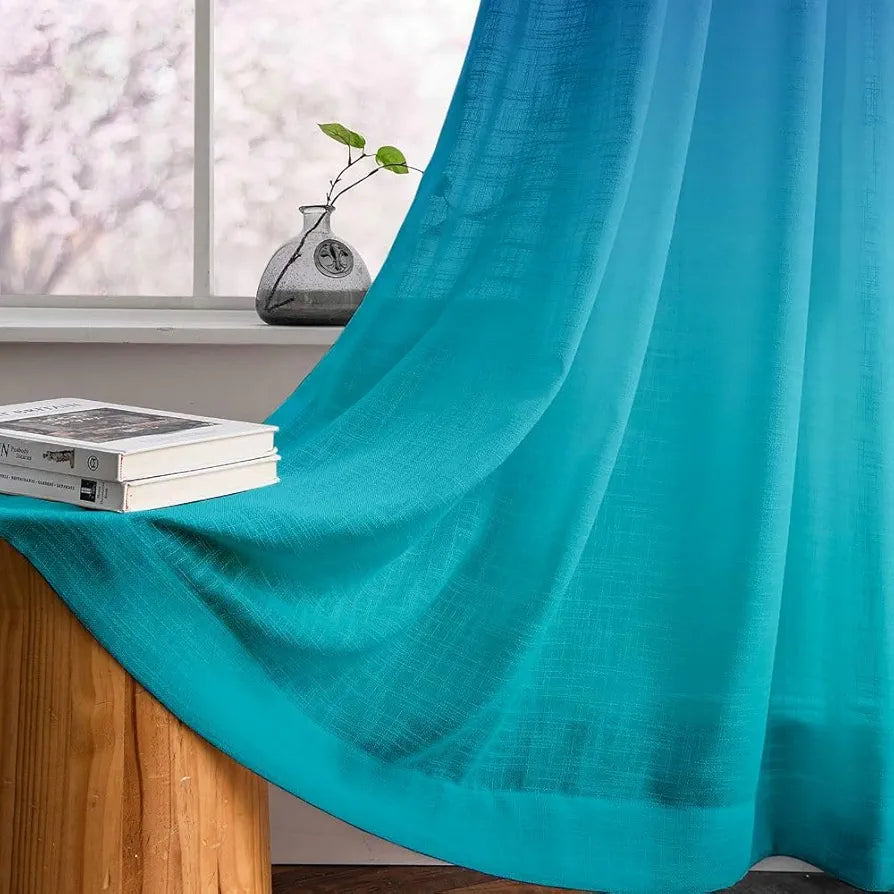 Homadorn Ombre Printed Linen Textured Sheer Curtains Purple + Teal Blue