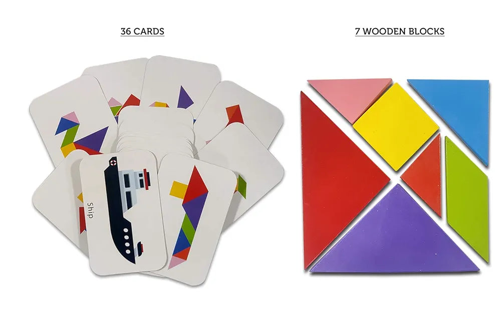 Tangram Brain Boosting puzzles for Kids | 7 wooden piece puzzle with 36 shapes image cards for kids | Jigsaw puzzle for 4+ years kids teenagers adults