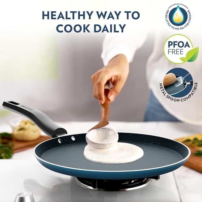 Borosil ProChef Non-Stick Aluminum Flat Tawa 28 cm | Gas Stove Compatible, Thick Uniform Body for Even Heating, Dishwasher Safe | 5 Layer Nonstick Coating