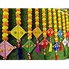 Handmade Artificial Marigold Fluffy Flowers Colorful Woolen Kite Hanging 42 Inches Height Approx