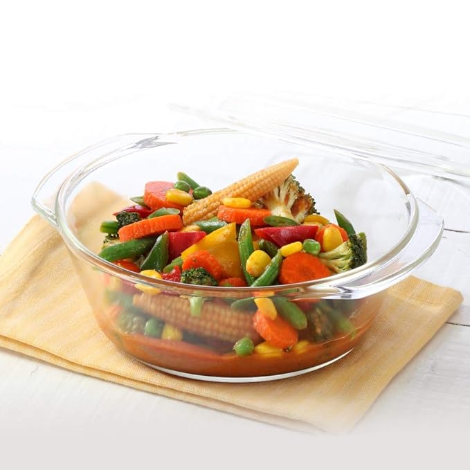 Borosil Glass Floral Oven and Microwave Safe Serving Bowl Casserole With Glass Lid | 2.5l | Transparent