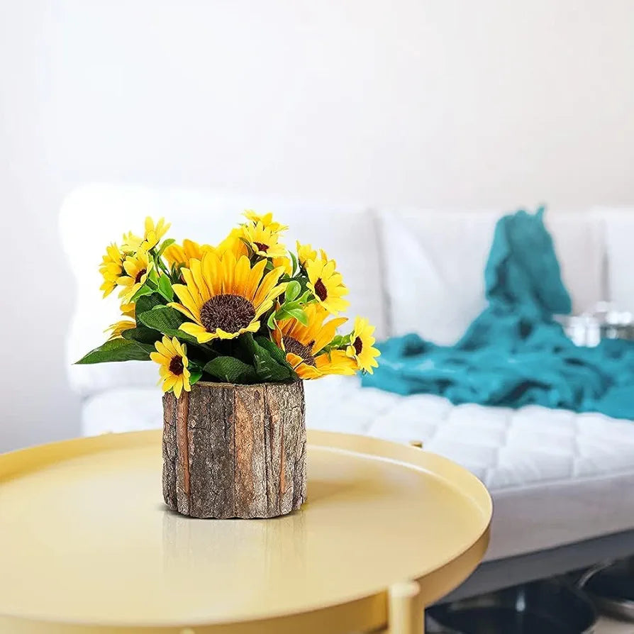 Wood Artificial Flowers Fake Flowers/Mini Potted Artificial Plants with Bark Pot Small Indoor Yellow