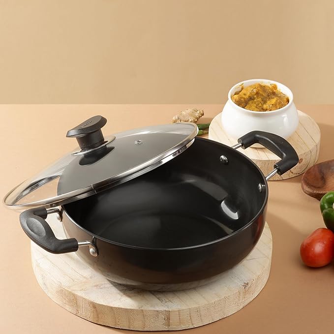Vinod Black Pearl Hard Anodised Non Stick Deep Kadhai with Glass Lid - 4.1 LTR, 26 cm | 3.25mm Thickness | kadai for Cooking