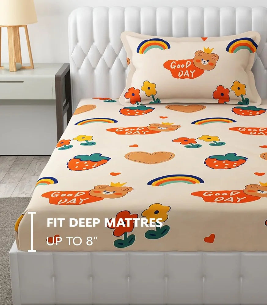 Fresh From Loom Elastic Printed Fitted Bedsheet For Kids For Single Bed With 1 Pillow Cover Small Single Beige 300 TC Pale