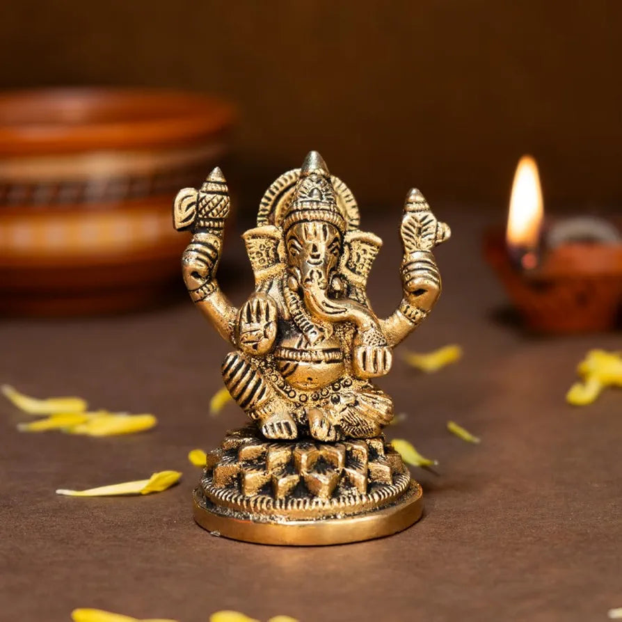 Ekhasa Pure Brass Ganesha Idol Pital Ganesh Murti Size: 8.4 cm