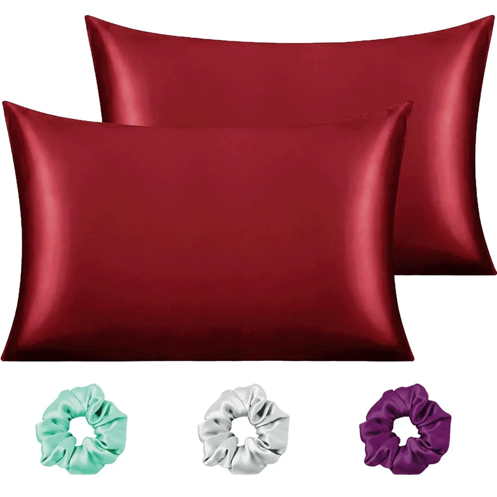 Cloth Fusion Satin Pillow Cover Set of 2 for Pillow Case with 3 Satin Soft Scrunchies for Women Crimson Red