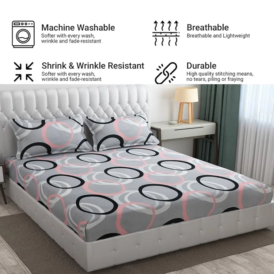 Fresh From Loom King Bedsheet for Double Bed Floral Design Bed Spread with 2 Pillow Covers 144 TC Circle Grey