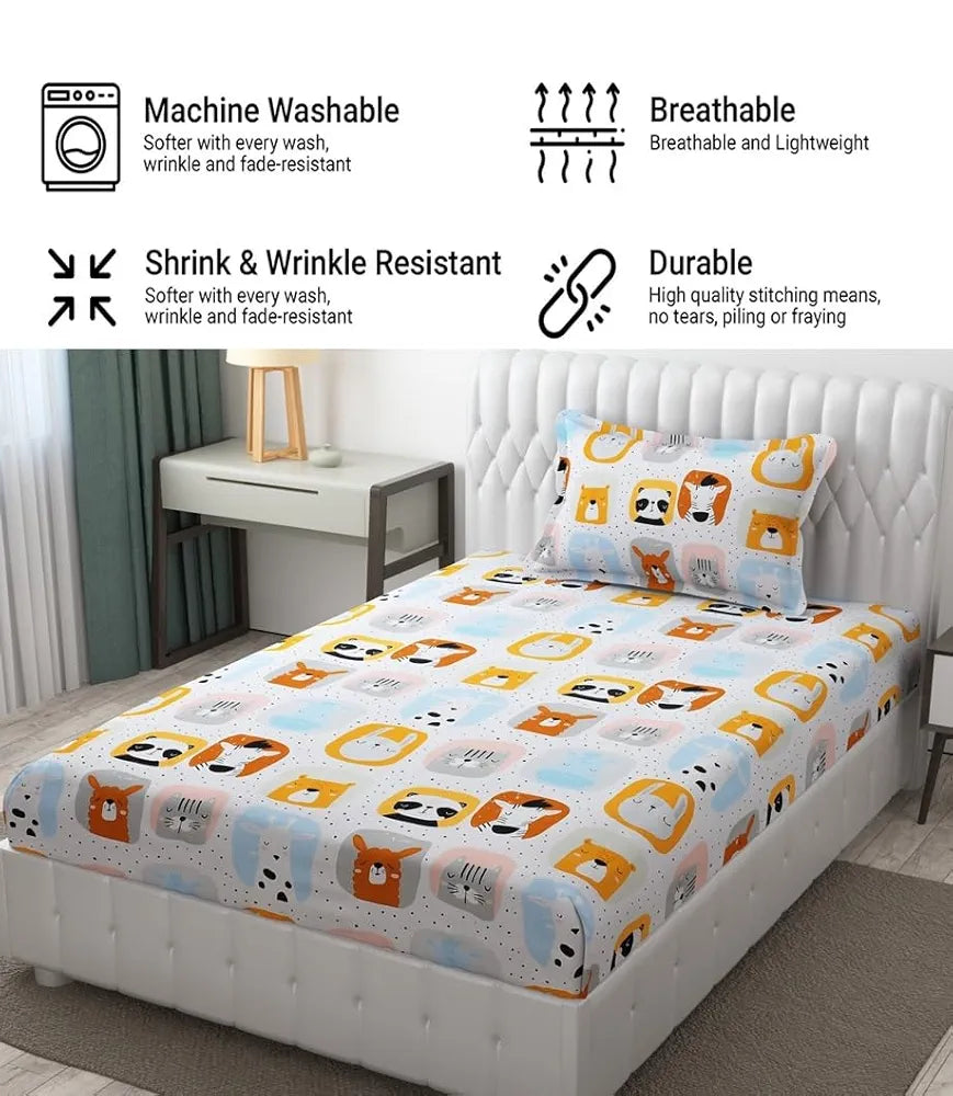 Fresh From Loom Glace Cotton Cartoon Printed Single Bedsheet Kids Bedsheet For Boys & Girls Room With One Pillow Cover 144 tc Multi-Color 1