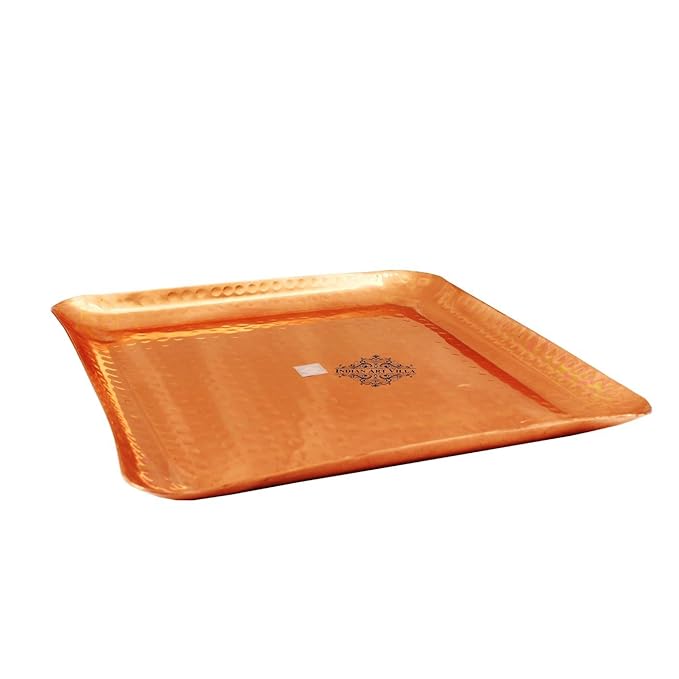 Indian Art Villa Hammered Square Shaped Pure Copper Tray Plate | 10 Inch - 339 gms