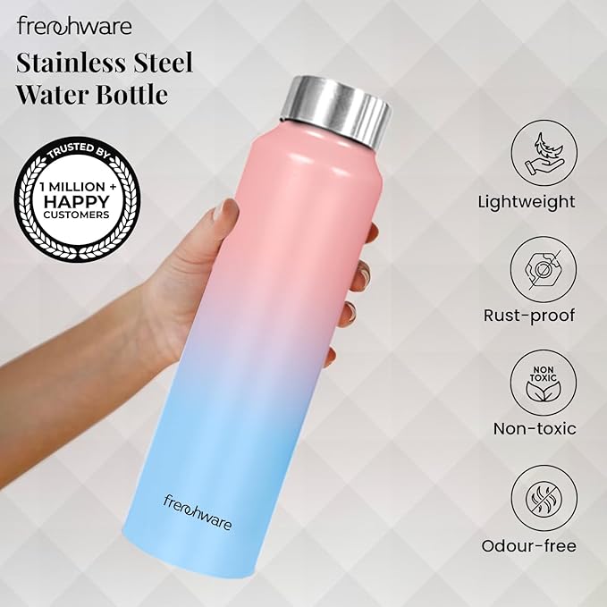 Frenchware Water Bottle 1 Litre, Stainless Steel, Premium SS 304, Sky-Blush | Easy-to-Clean