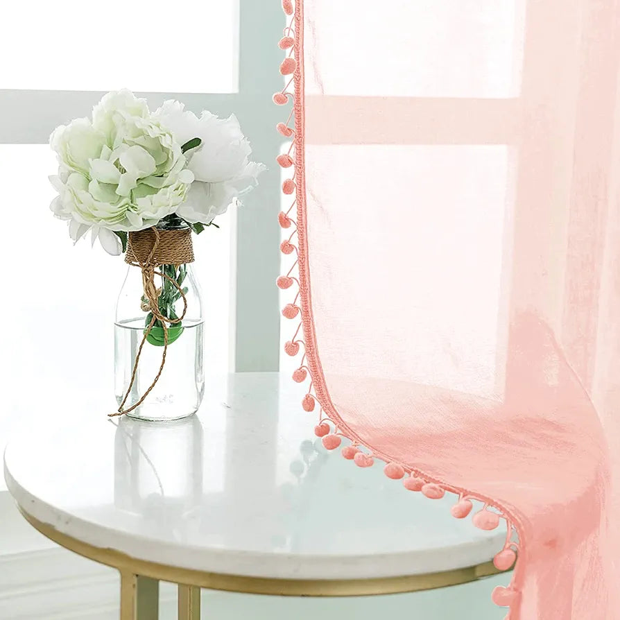 Urban Space Linen Textured Sheer Curtain for Door Living Room,Readymade Curtain with Rod Pocket, Set of 2 Decorative Curtains Blush Pink with Pom pom