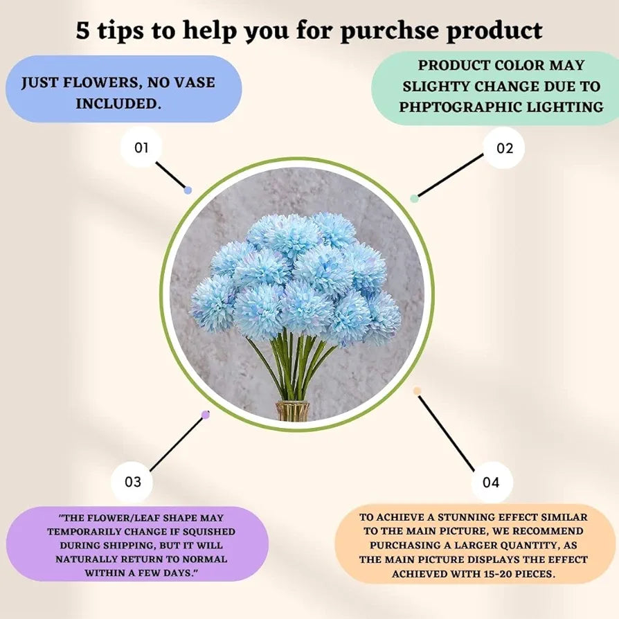 Artificial Chrysanthemum Hydrangea Ball Flower Sticks Sky Blue