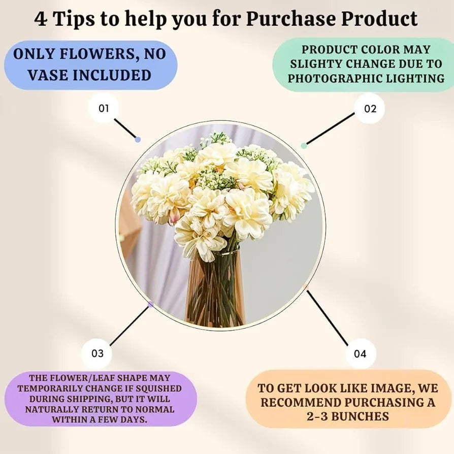 Artificial Dahlia Flower Bunch – 7-Stem Faux Bouquet Realistic Fabric Flower Arrangement Off White