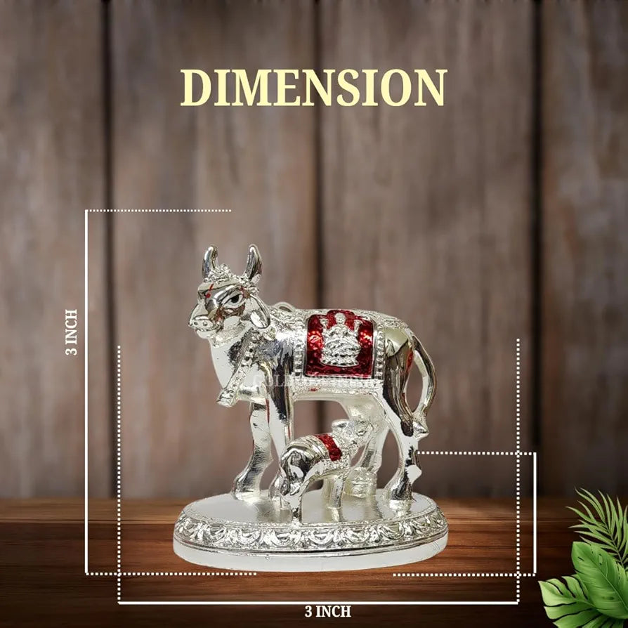Gold Art India Kamdhenu Cow and Calf Idol with Red Accents Shiny Silver Finish | 7.62 cm