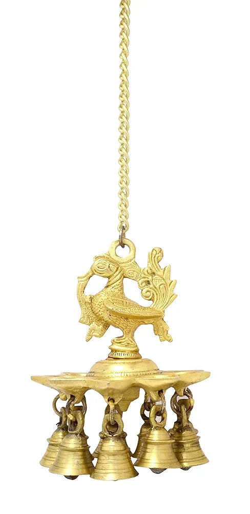 Two Moustaches Peacock Design Brass Hanging Diya with Bells