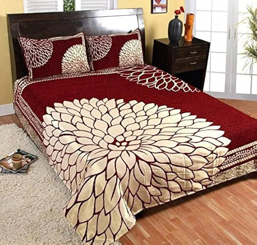 Fresh From Loom Floral Chenille Velvet 500 TC 1 Double Bed King Size Bedsheet with 2 Pillow Cover Marigold Wine