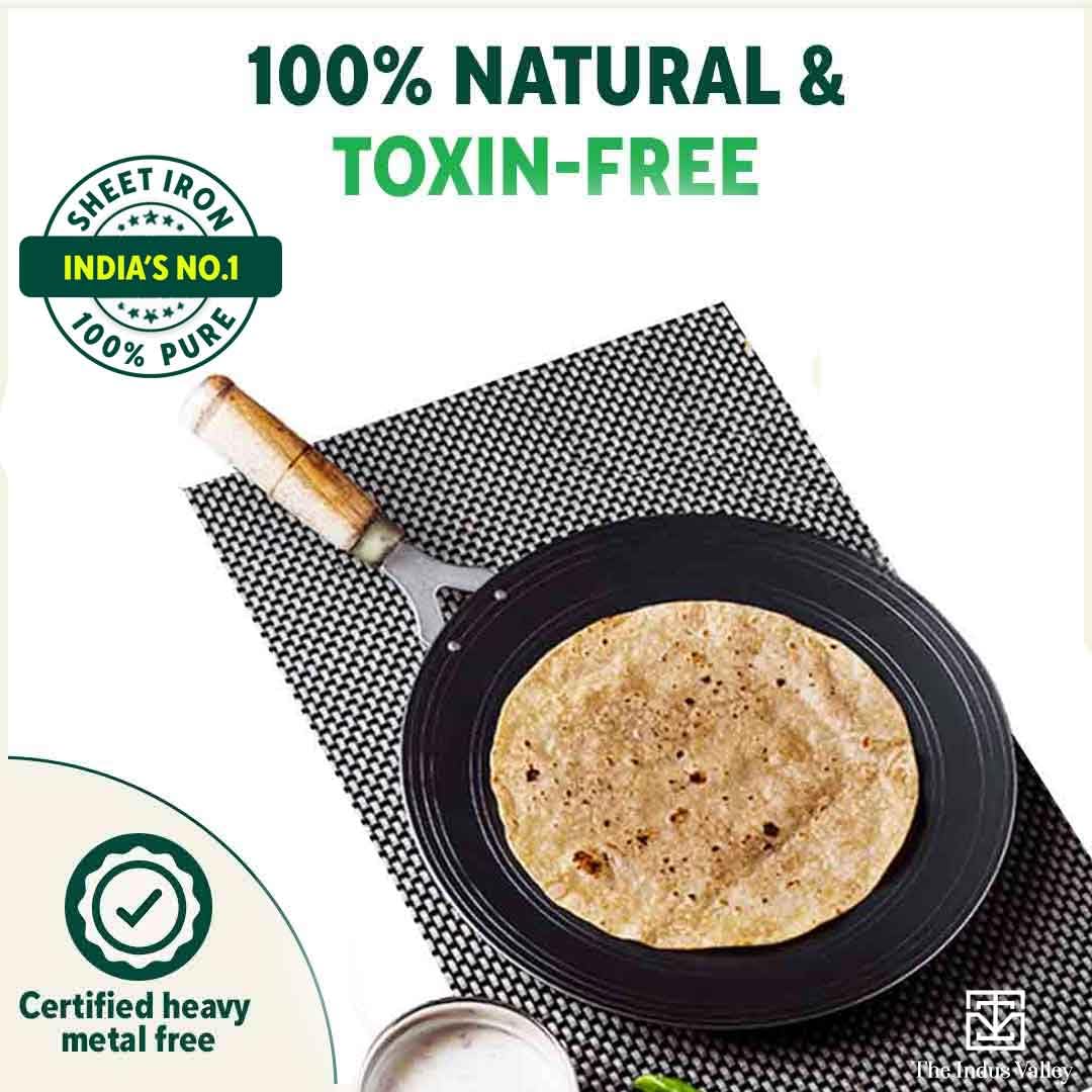 The Indus Valley Pre-Seasoned Iron Tawa for Dosa/Chapathi with Wooden Handle