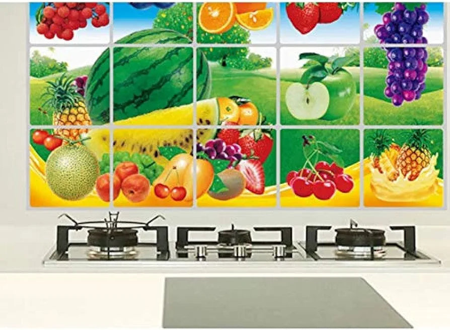 Jaamso Royals Multi Fruits and Vegetable Oil Proof Vinyl Aluminium Foil Kitchen Tile Wall Sticker Fruit vegetable