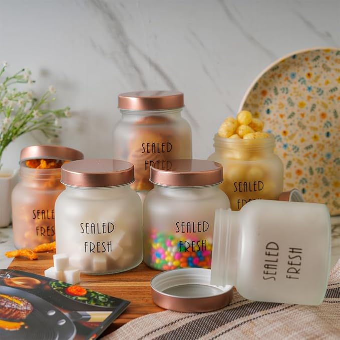 Femora Kitchen Storage Jars Frosted Glass Jar With Steel Lid Air Tight Jar | 700 Ml | Pack of 2 | Golden Lid
