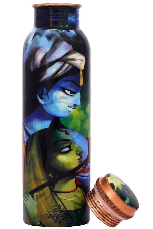 Indian Art Villa Pure Copper Water Bottle with Radhe Krishna Printed Design