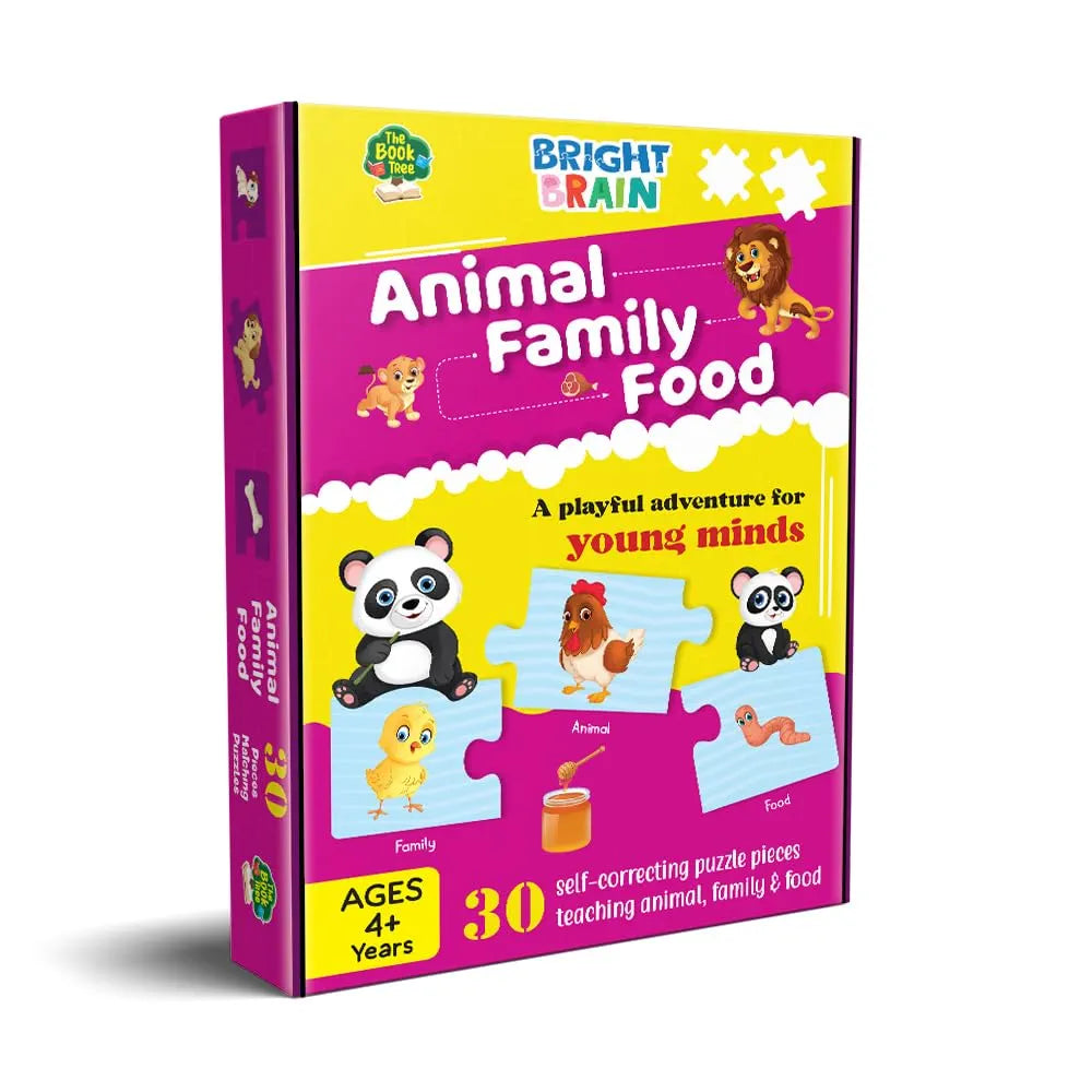 The Book Tree Animal Family and Food Puzzle for Kids | 30 Self-Correcting Pieces | Educational Montessori Game to Learn Animal Names, Their Babies & Food | Preschool Toy for Ages 3+