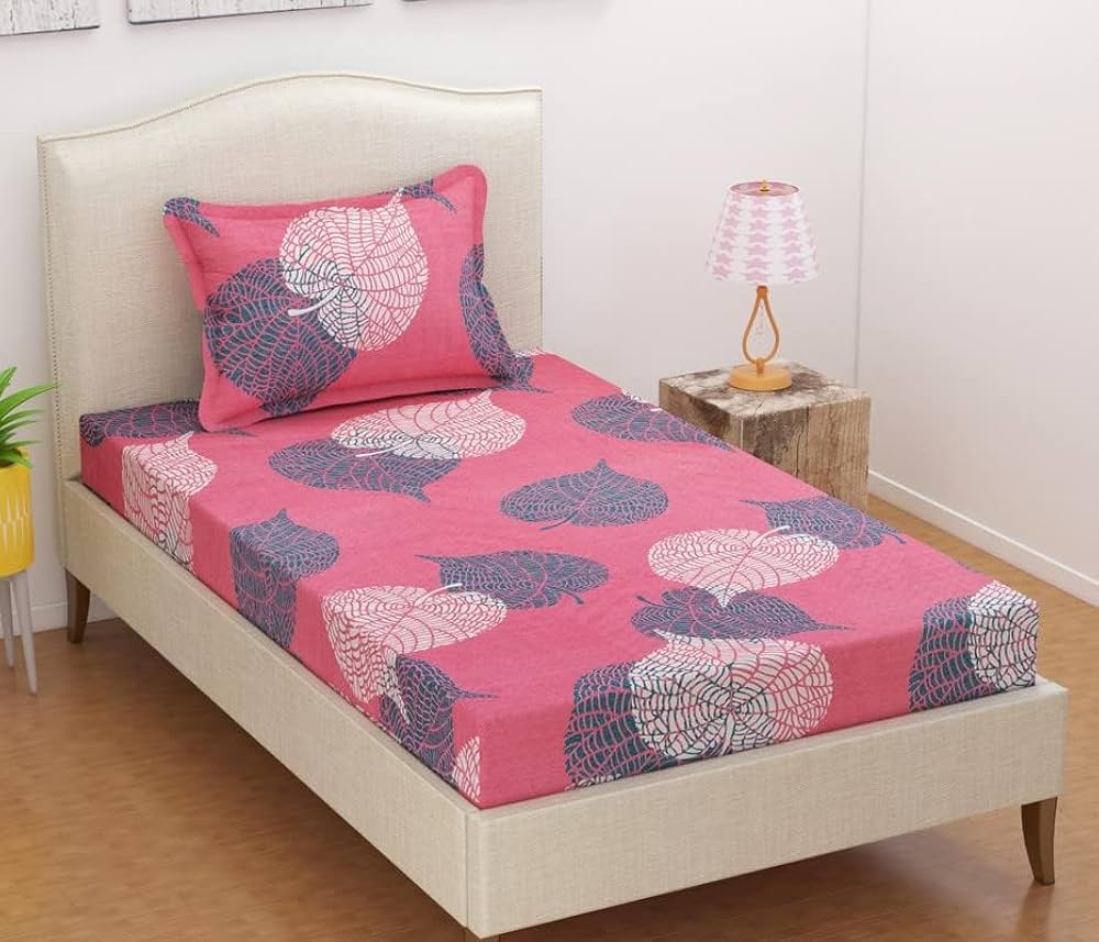 BSB Home Premium Forever Modern Style Glace Cotton Floral Pattern 1 Single Size Bed bedsheet and 1 Pillow Cover Light Pink & Grey