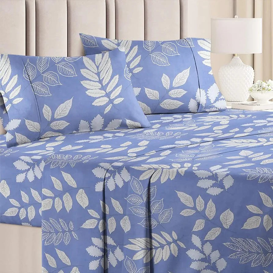 BSB HOME Prime Collections 160tc Pure Microfiber Glace Cotton Double Bedsheet with 2 King Size Pillow Covers Royal Blue White Leaf