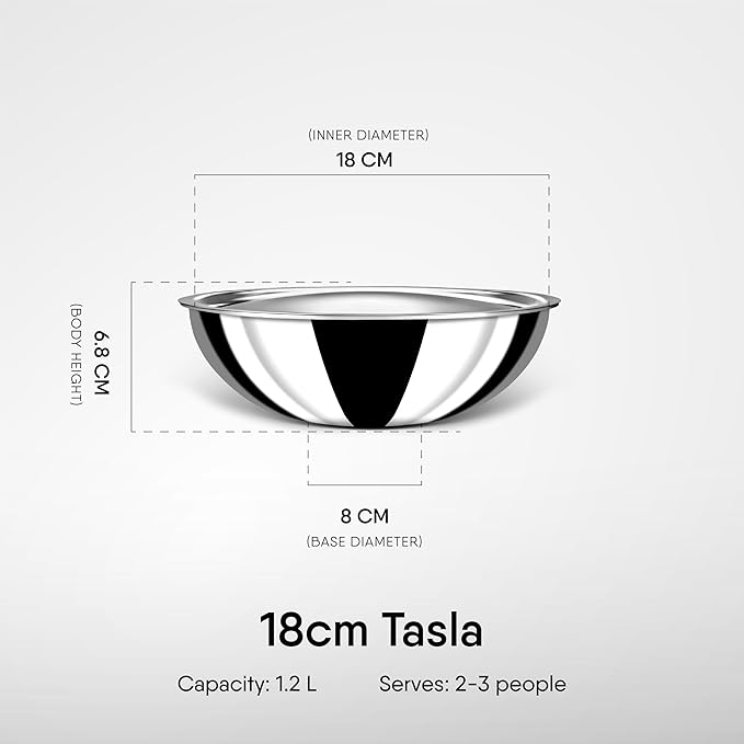 Stahl Artisan Triply Stainless Steel Tasla With Lid | Kadhai Without Handle | Induction & Gas Stove Compatible | 1.2 L | 18 Cm