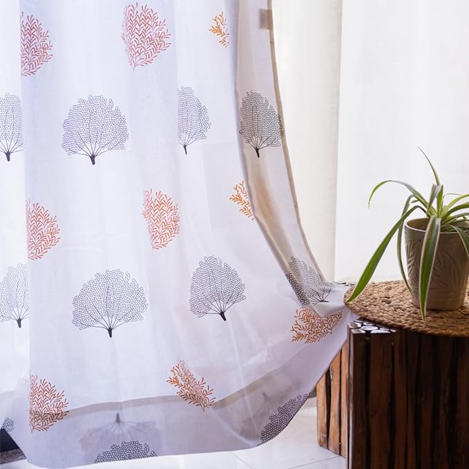 Urban Space Cotton Curtains 7 feet for Door Set of 2 with Stainless Steel Rings and TieBack (Colour Trees Brown)